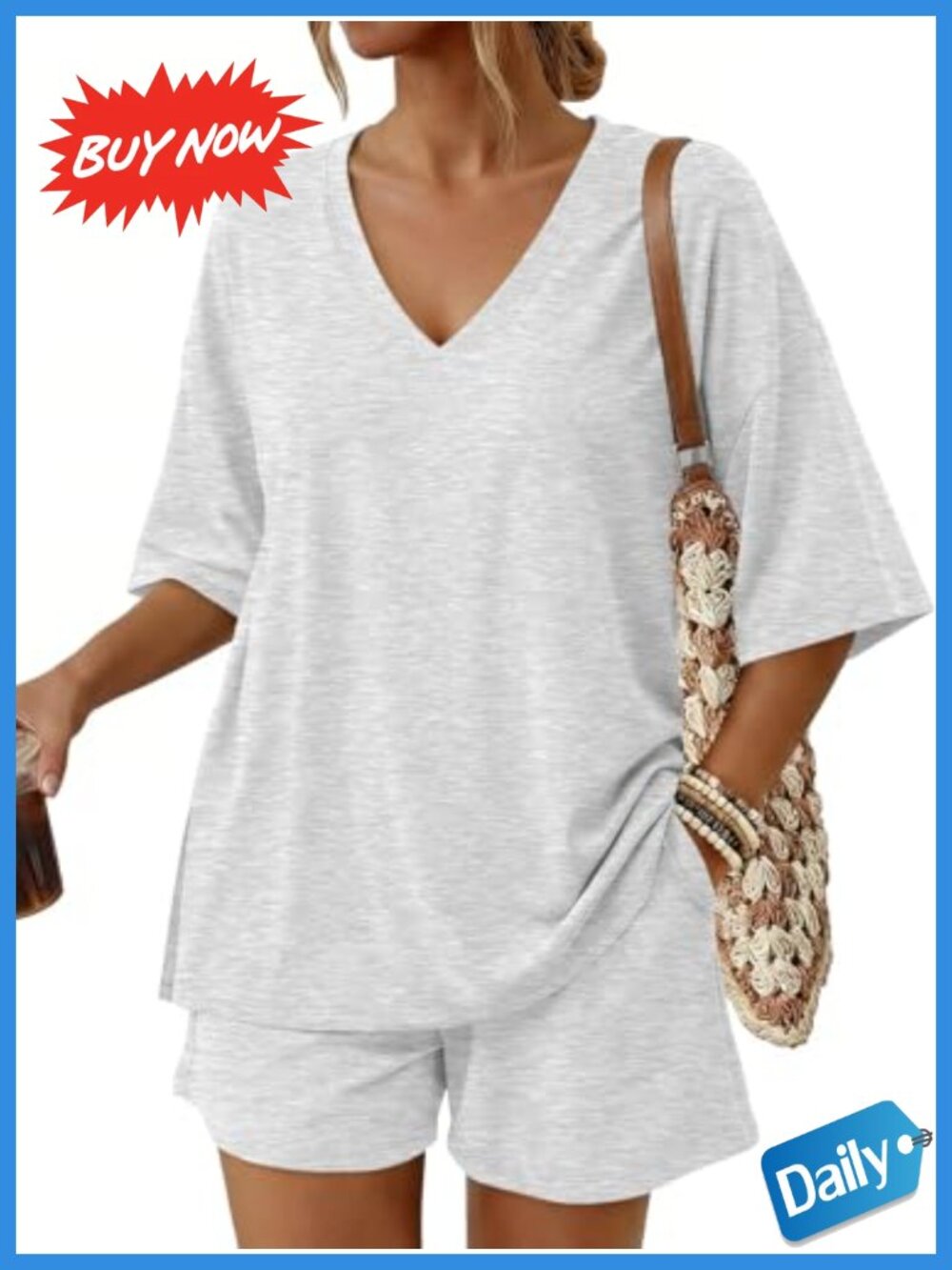 2 Piece Lounge Set Rayon Spandex Shorts with V Neck Top